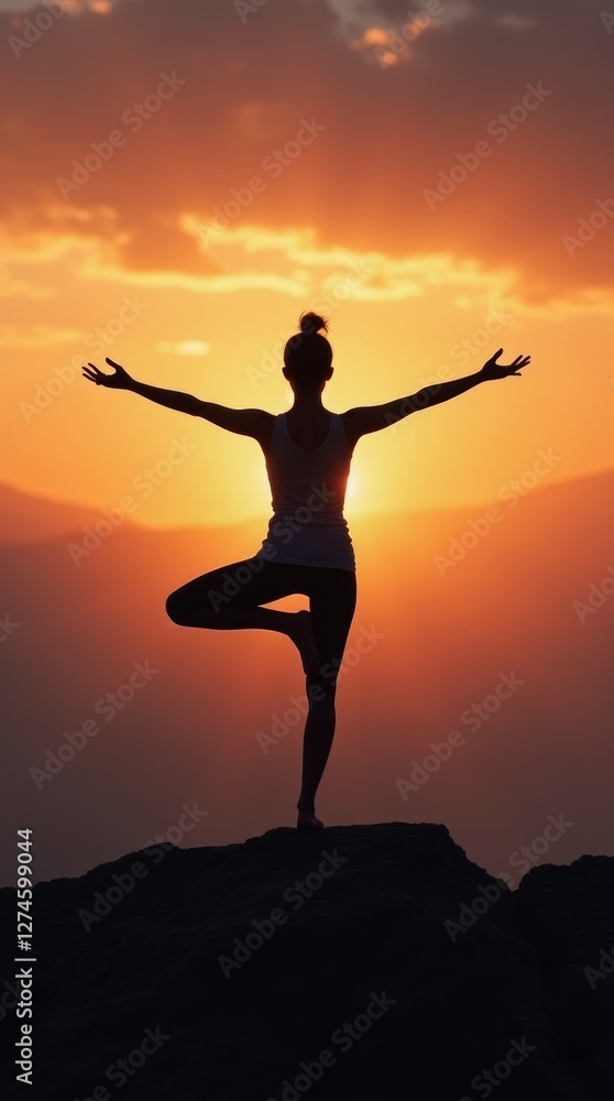 A woman performing yoga on a mountaintop at sunset, silhouetted against a vibrant sky, symbolizing a deep spiritual connection with nature and inner peace.