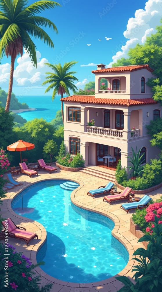 Fototapeta premium Anime-style illustration of a vibrant luxury villa surrounded by colorful gardens and a sparkling pool, representing a dream vacation home