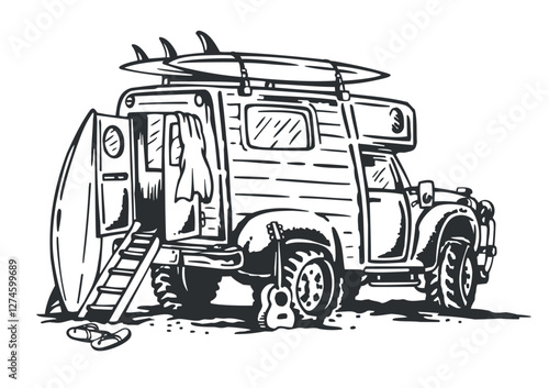 Hand-drawn illustration of a trailer with surfboards. Editable art alluding to an adventure and sports trip.