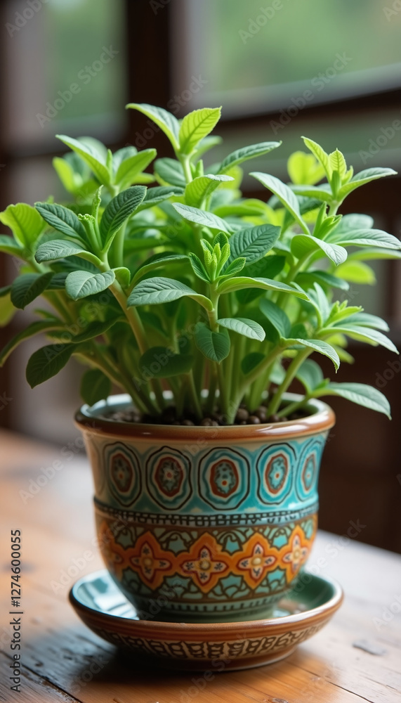 Fragrant sage plant in beautifully patterned ceramic pot on wooden table Fragrant sage plant in beautifully patterned ceramic pot on wooden table