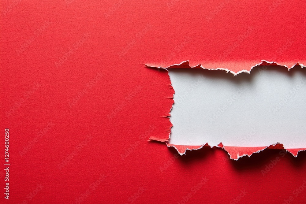 A sheet of red paper has been torn to expose a blank white surface underneath, creating a contrast A sheet of red paper has been torn to expose a blank white surface underneath, creating a contrast