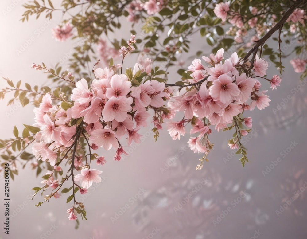 Obraz premium Pastel pink floral banner hanging from a tree branch, pastel colors, pink