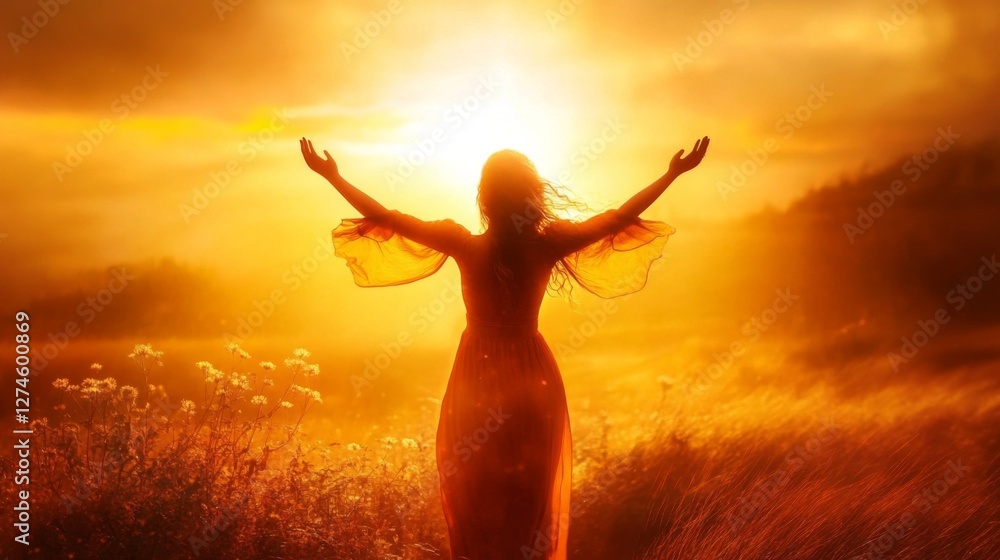A woman stands in the sunlight with her arms raised high.