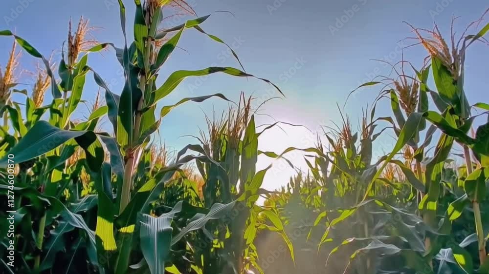 green corn field in agricultural farm and sun light at sunset green corn field in agricultural farm and sun light at sunset