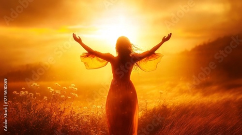 Obraz na płótnie A woman stands in the sunlight with her arms raised high. w salonie