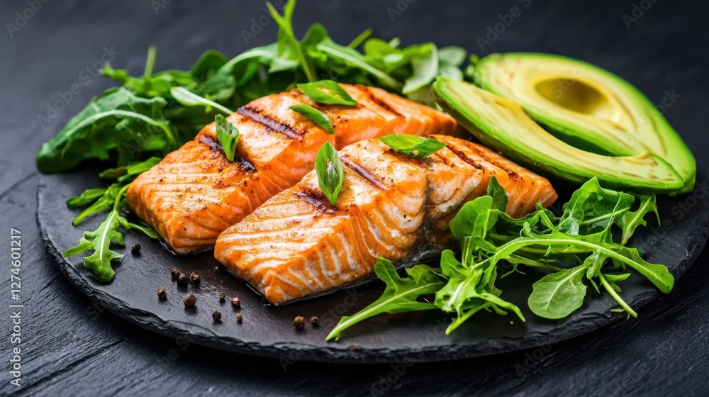 Low-carb diet food selection with grilled salmon, avocado, and fresh greens Low-carb diet food selection with grilled salmon, avocado, and fresh greens