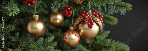 Red berries and pinecones hang from a Christmas tree branch with gold ornaments, pinecones, winter photo