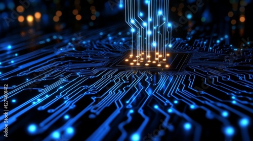 Futuristic design elements highlight the intricate details of the microchip. 