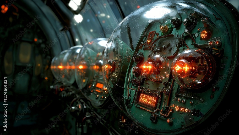 An extraterrestrial environment is characterized by its alien wall texture, accompanied by hud, ai, led, terminals, and wires An extraterrestrial environment is characterized by its alien wall texture, accompanied by hud, ai, led, terminals, and wires