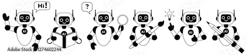 Set of linear illustrations of cute chatbot. AI servers technology. Cute mascot in various pose. Help assistance, artificial intelligence support device. Isolated vector illustration. 