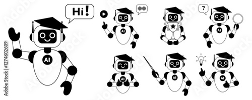 Set linear illustrations of cute ai robot, chatbot in school education. Artificial intelligence in school education concept. 