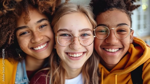 smiling teenager women and men smiling together, close friend happy together face portrait