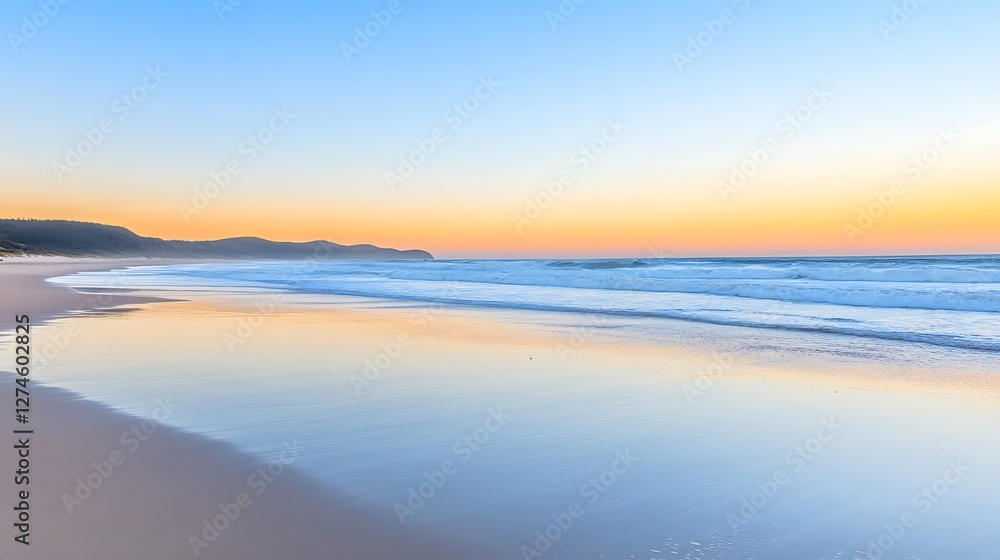 Serene Coastal Sunrise Beachscape Gentle Waves Serene Coastal Sunrise Beachscape Gentle Waves