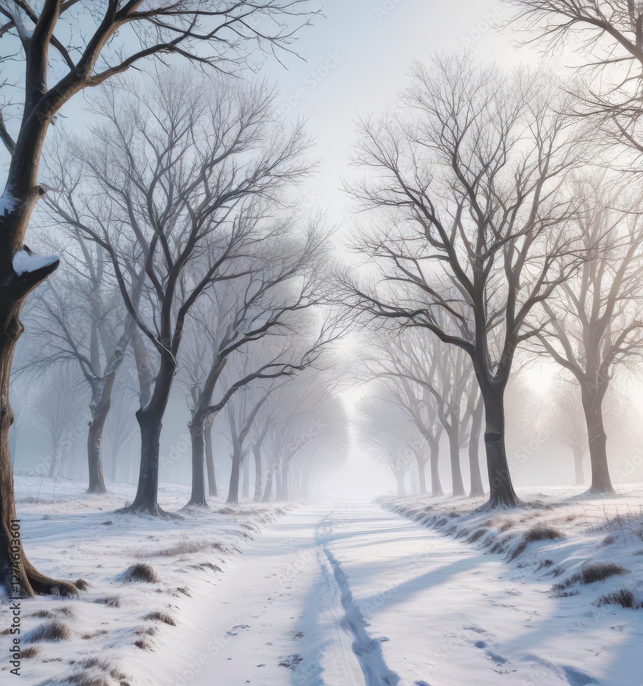 Snowy landscape with bare trees in frosty air, winter, landscape Snowy landscape with bare trees in frosty air, winter, landscape