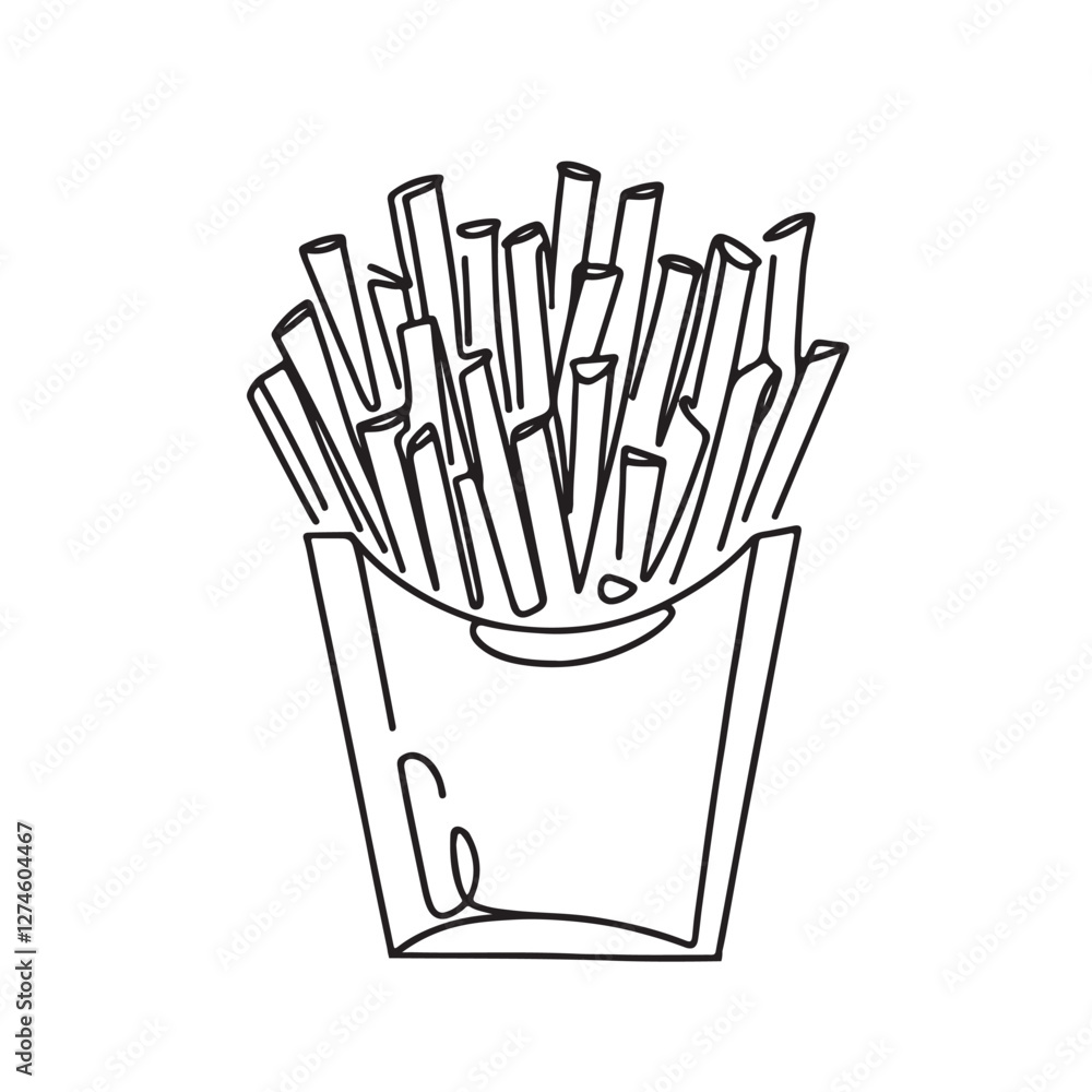Continuous one line drawing of french fries. Single line drawing of fast food. Silhouette of street junk food for restaurant menu, logo, poster, banner. Takeout street food linear sketch Modern design Continuous one line drawing of french fries. Single line drawing of fast food. Silhouette of street junk food for restaurant menu, logo, poster, banner. Takeout street food linear sketch Modern design