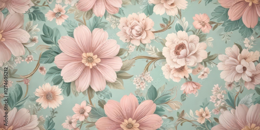 Fototapeta premium Swirly floral retro wallpaper with pastel colors and intricate patterns , garden, bohemian