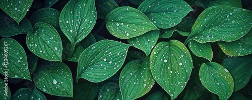 A close-up view of green leaves glistening with raindrops, evoking a refreshing and serene atmosphere amidst naturea??s embrace. photo