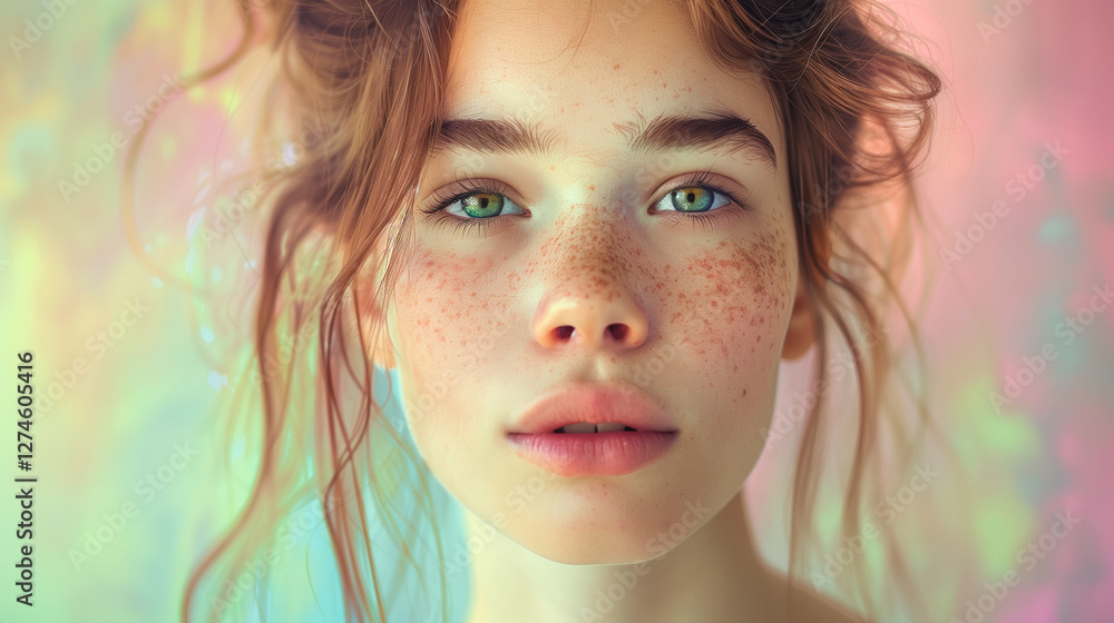 A large portrait of a very sexy girl with beautiful hair, disheveled hairstyle, cute freckles, slightly open mouth with plump lips. Expressive look. A picture in bed shades A large portrait of a very sexy girl with beautiful hair, disheveled hairstyle, cute freckles, slightly open mouth with plump lips. Expressive look. A picture in bed shades