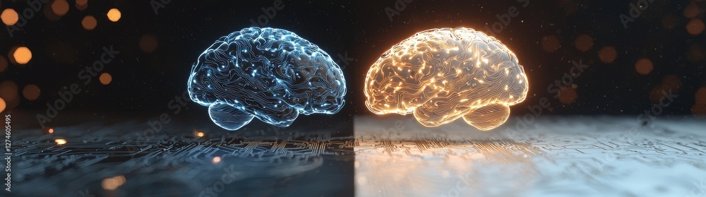 The idea of a human brain on a microchip and mainboard is illustrated through 3D rendering stock, incorporating AI, machine learning, and neural networks, with additional elements including a The idea of a human brain on a microchip and mainboard is illustrated through 3D rendering stock, incorporating AI, machine learning, and neural networks, with additional elements including a