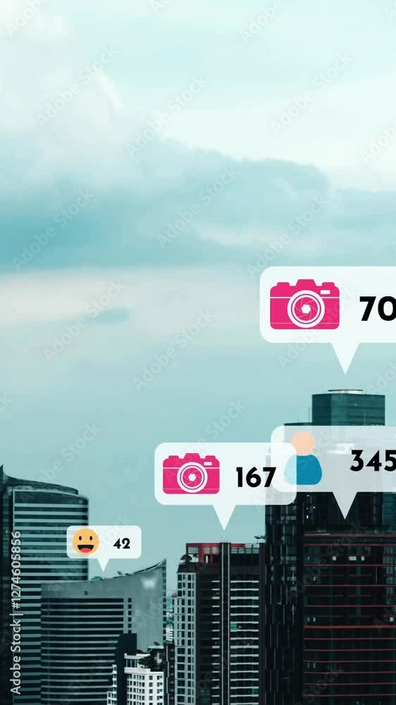 Social media icons fly over city downtown showing people reciprocity connection through social network application platform . Concept for online community and social media marketing strategy . Social media icons fly over city downtown showing people reciprocity connection through social network application platform . Concept for online community and social media marketing strategy .