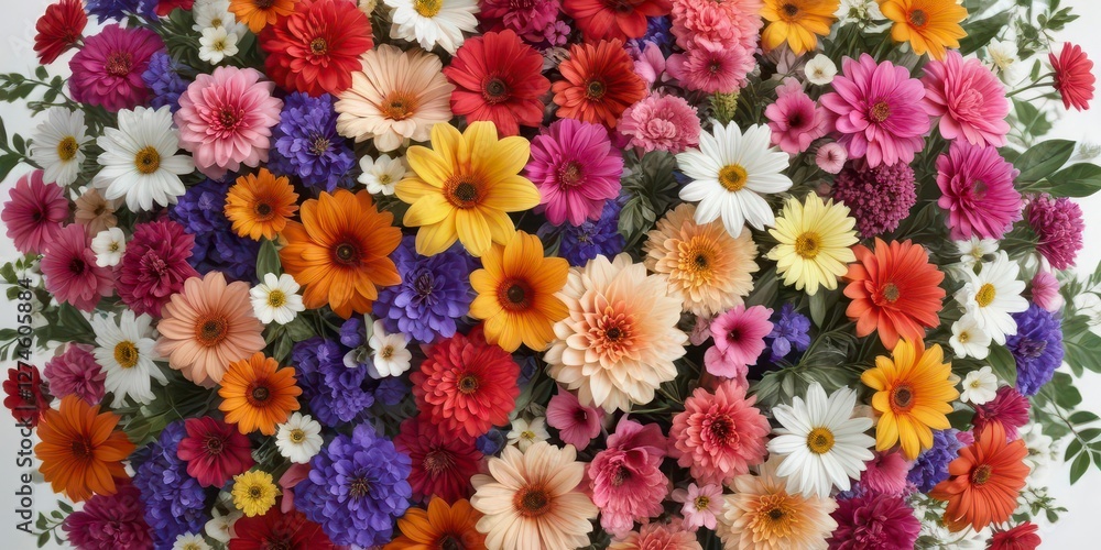 Vibrant arrangement of various flowers on a white background, arrangement, decoration Vibrant arrangement of various flowers on a white background, arrangement, decoration