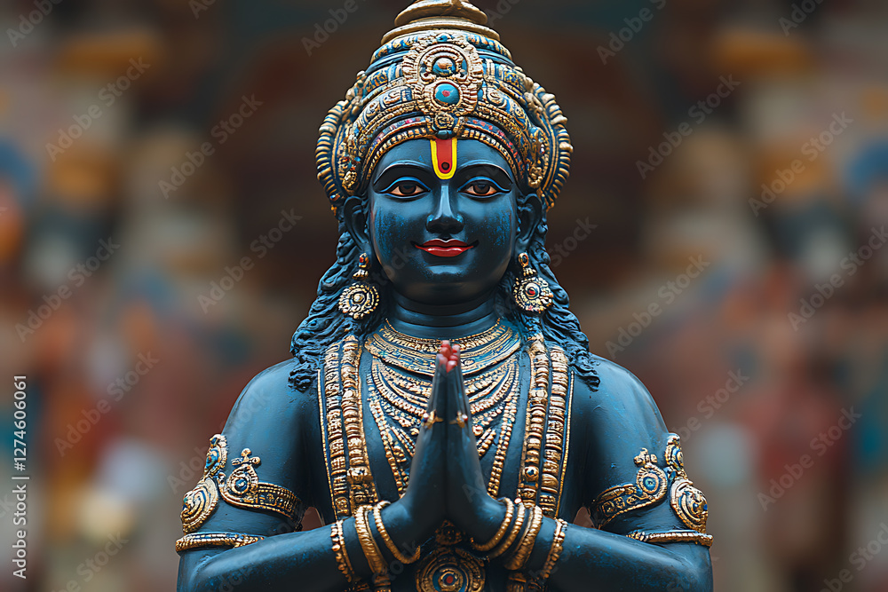 An intricately detailed statue of an Indian god, showcasing exquisite craftsmanship, cultural heritage, and deep spiritual significance. An intricately detailed statue of an Indian god, showcasing exquisite craftsmanship, cultural heritage, and deep spiritual significance.