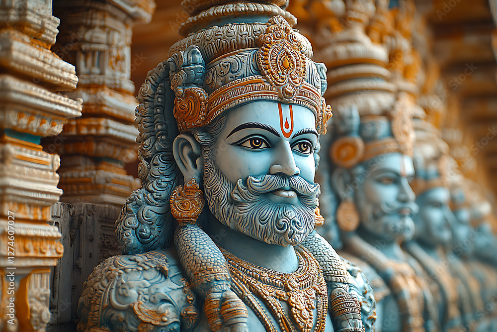 An intricately detailed statue of an Indian god, showcasing exquisite craftsmanship, cultural heritage, and deep spiritual significance. An intricately detailed statue of an Indian god, showcasing exquisite craftsmanship, cultural heritage, and deep spiritual significance.