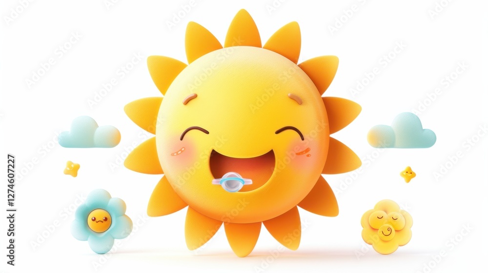 Obraz premium Adorable sun icon with a baby face, holding a pacifier, isolated on white