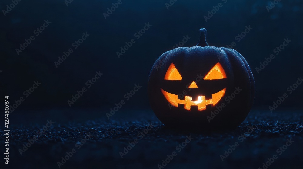 A single jack-o-lantern with an illuminated cheerful face stands out against a dark backdrop creating a perfect symbol of Halloween. The image allows for text placement on the right A single jack-o-lantern with an illuminated cheerful face stands out against a dark backdrop creating a perfect symbol of Halloween. The image allows for text placement on the right