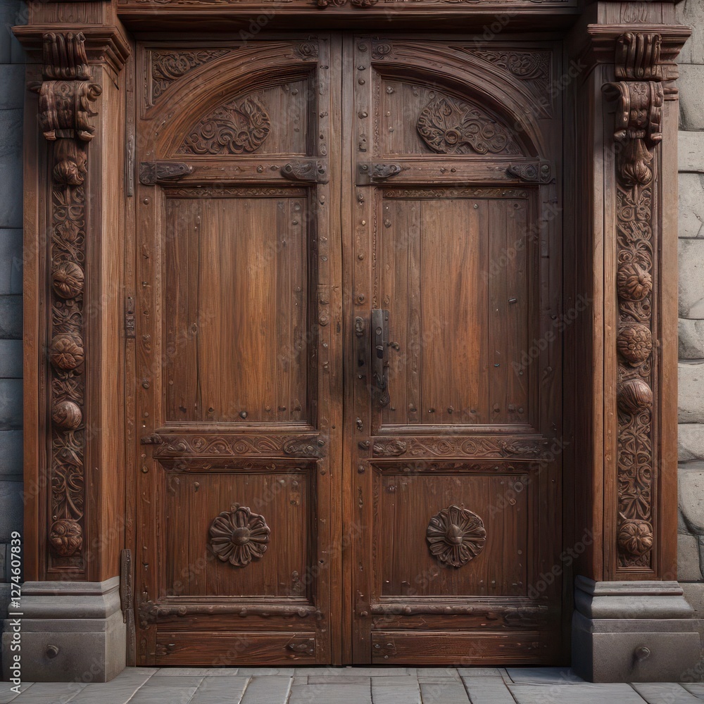 Wooden antique door with intricate carvings and rusty hinges, vintage door, classic style Wooden antique door with intricate carvings and rusty hinges, vintage door, classic style