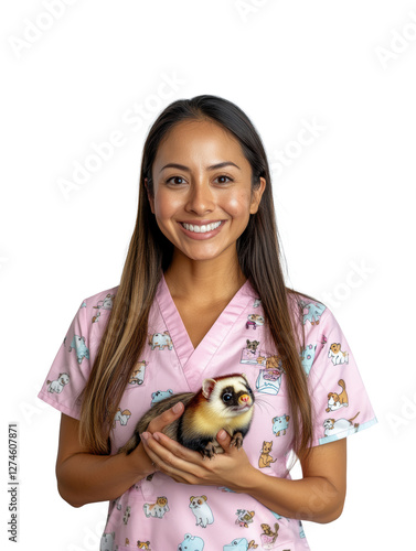 Smiling veterinarian holding a cute ferret, wearing pink animal-print scrubs on transparent background