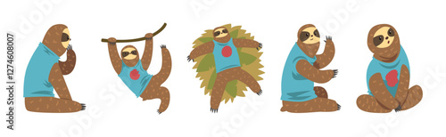 Sloth Funny Character in Shirt in Different Pose Vector Set