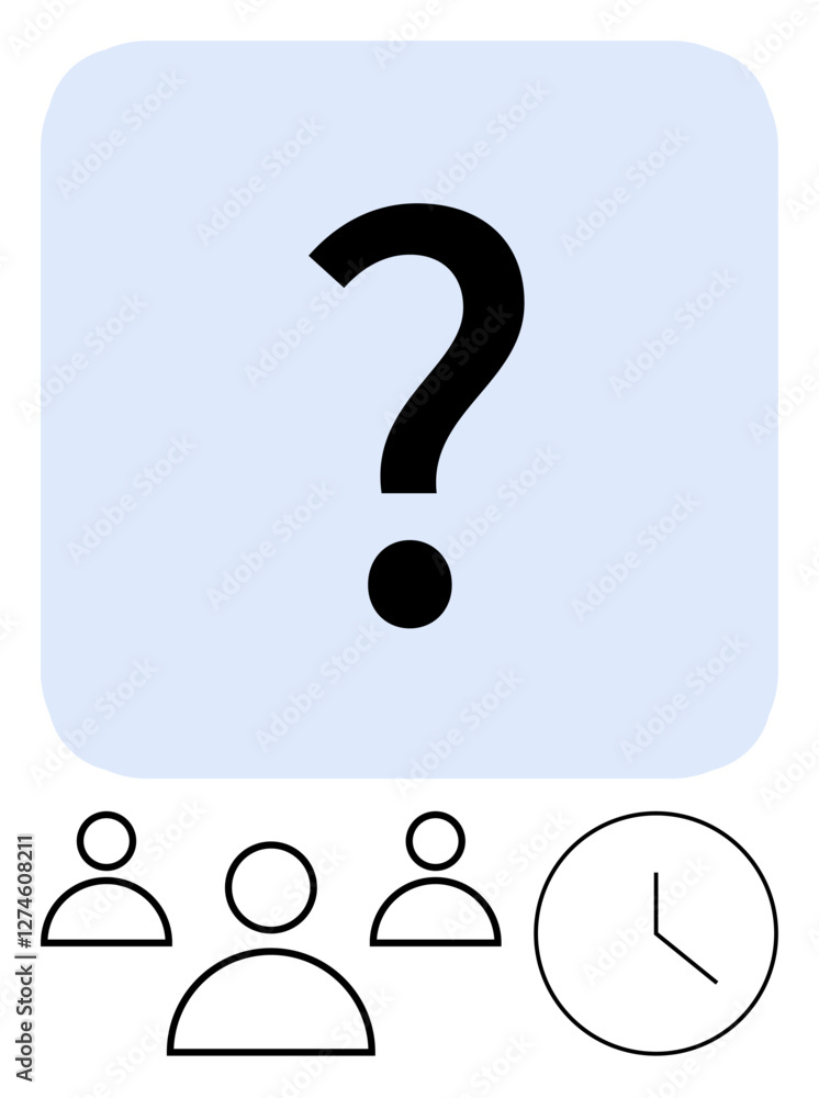 Question mark hovering above stick figures and clock symbolizing teamwork, decision-making, time prioritization. Ideal for project planning, task delegation, deadlines, collaboration, uncertainty Question mark hovering above stick figures and clock symbolizing teamwork, decision-making, time prioritization. Ideal for project planning, task delegation, deadlines, collaboration, uncertainty