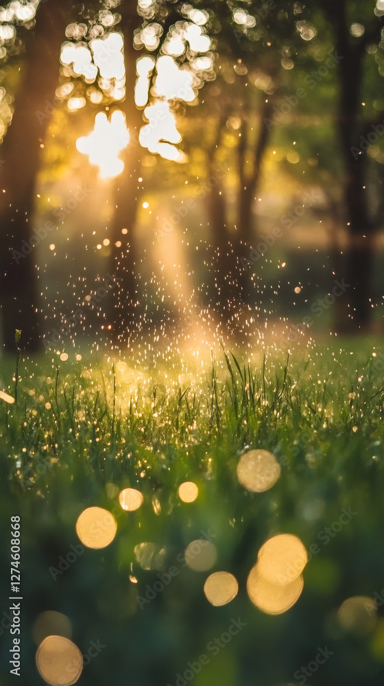 Obraz premium Golden sunset casting a warm glow on water drops cascading from grass blades in a tranquil park, creating an idyllic summer scene