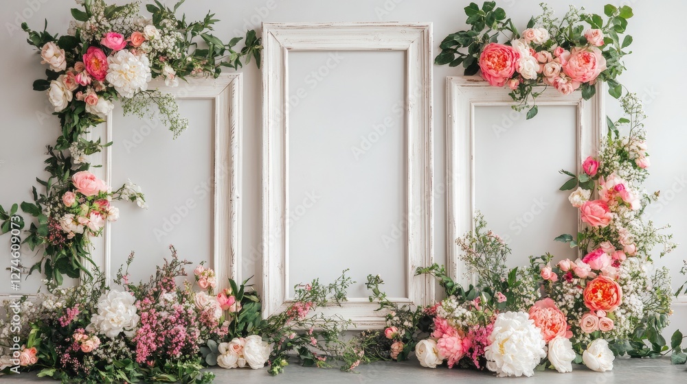 Fototapeta premium White wooden flower frame with a delicate floral touch