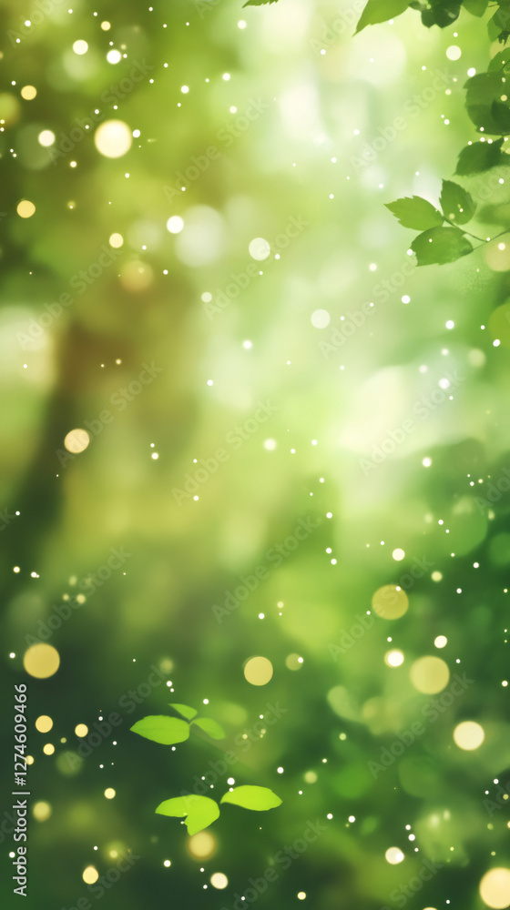 Fototapeta premium Green bokeh background with falling leaves creating a magical and dreamy atmosphere, perfect for nature and fantasy themed projects