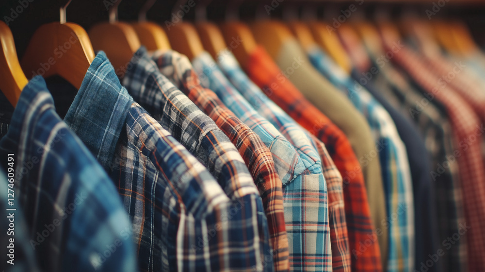Obraz premium Camisas de cuadros colgadas en perchas de madera