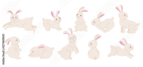 Wallpaper Mural Cute set with hares and rabbits in flat simple style. Gray hares animals set in different positions and scenes, running, sleeping, cute standing. Beautiful animals for farm, Easter or children's desig Torontodigital.ca