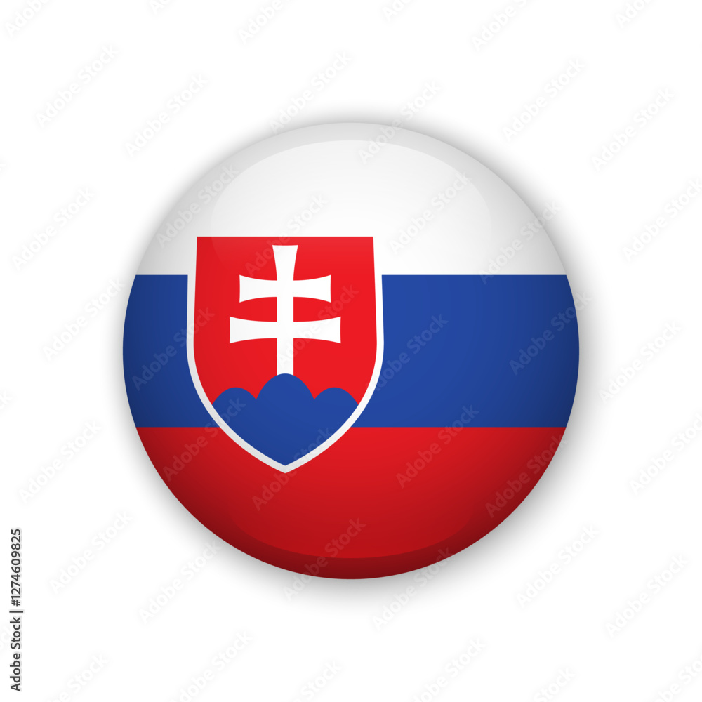 Fototapeta premium Realistic glossy button with flag of Slovakia. 3d vector element with shadow. For mobile apps, UI and web.