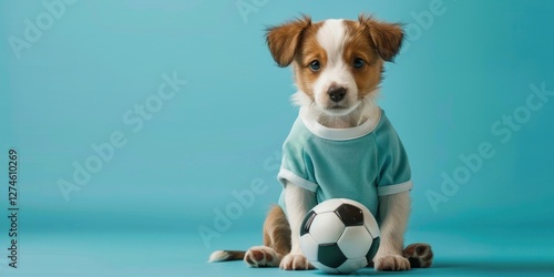A playful puppy dressed in a soccer jersey sits proudly beside a soccer ball. The pastel background provides a cheerful atmosphere emphasizing the puppy's cuteness and readiness for fun