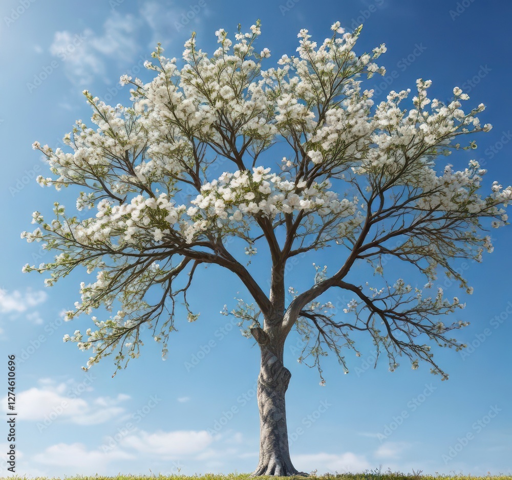 Single white-petaled tree against clear blue sky, blue, nature Single white-petaled tree against clear blue sky, blue, nature
