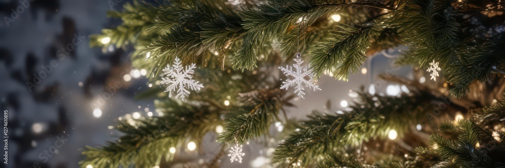 snowflakes falling gently on a Christmas tree , snow, decor snowflakes falling gently on a Christmas tree , snow, decor