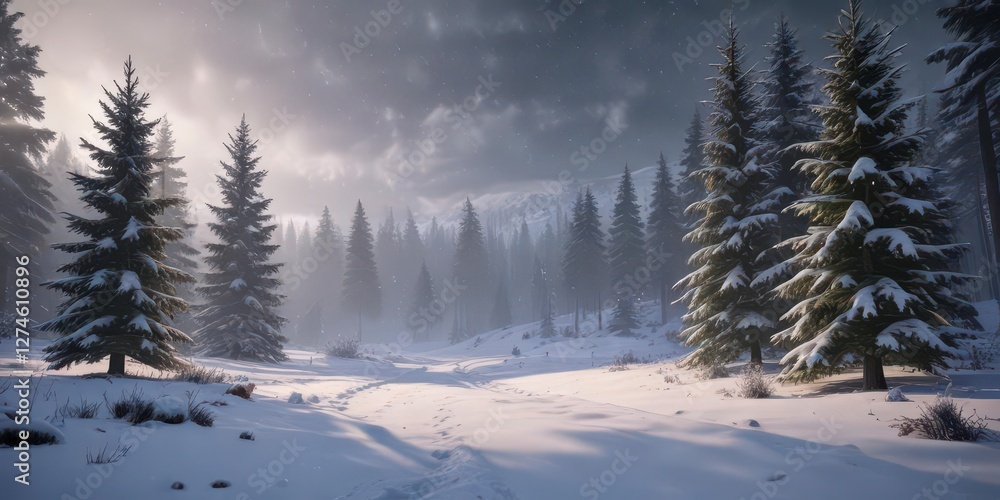 Snowflakes falling gently on a winter landscape with evergreen trees and twinkling lights, landscape, twinkling lights Snowflakes falling gently on a winter landscape with evergreen trees and twinkling lights, landscape, twinkling lights