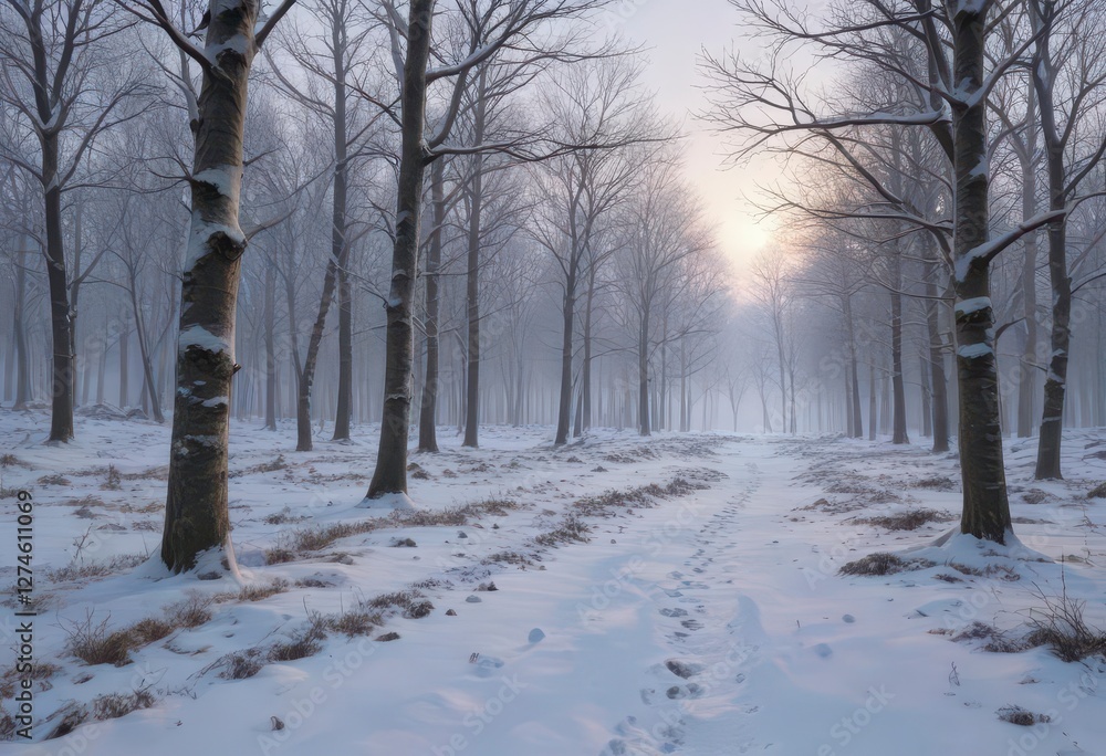Snowy forest landscape with bare trees and snow-covered ground at dusk, , winter landscape Snowy forest landscape with bare trees and snow-covered ground at dusk, , winter landscape