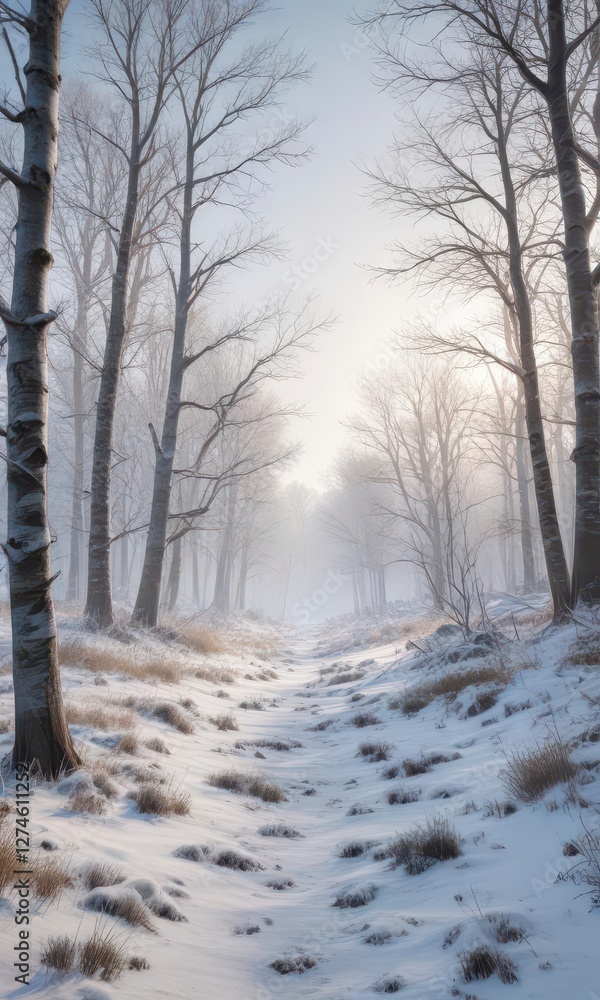 Snowy winter forest landscape with bare trees and frosty grass, bare, winter Snowy winter forest landscape with bare trees and frosty grass, bare, winter