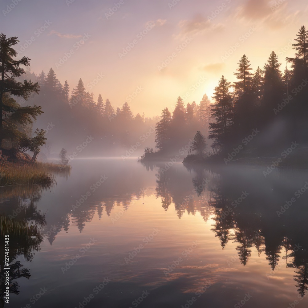Fototapeta premium Softly glowing mist surrounds a serene lake at dawn, natural scenery, dawn light