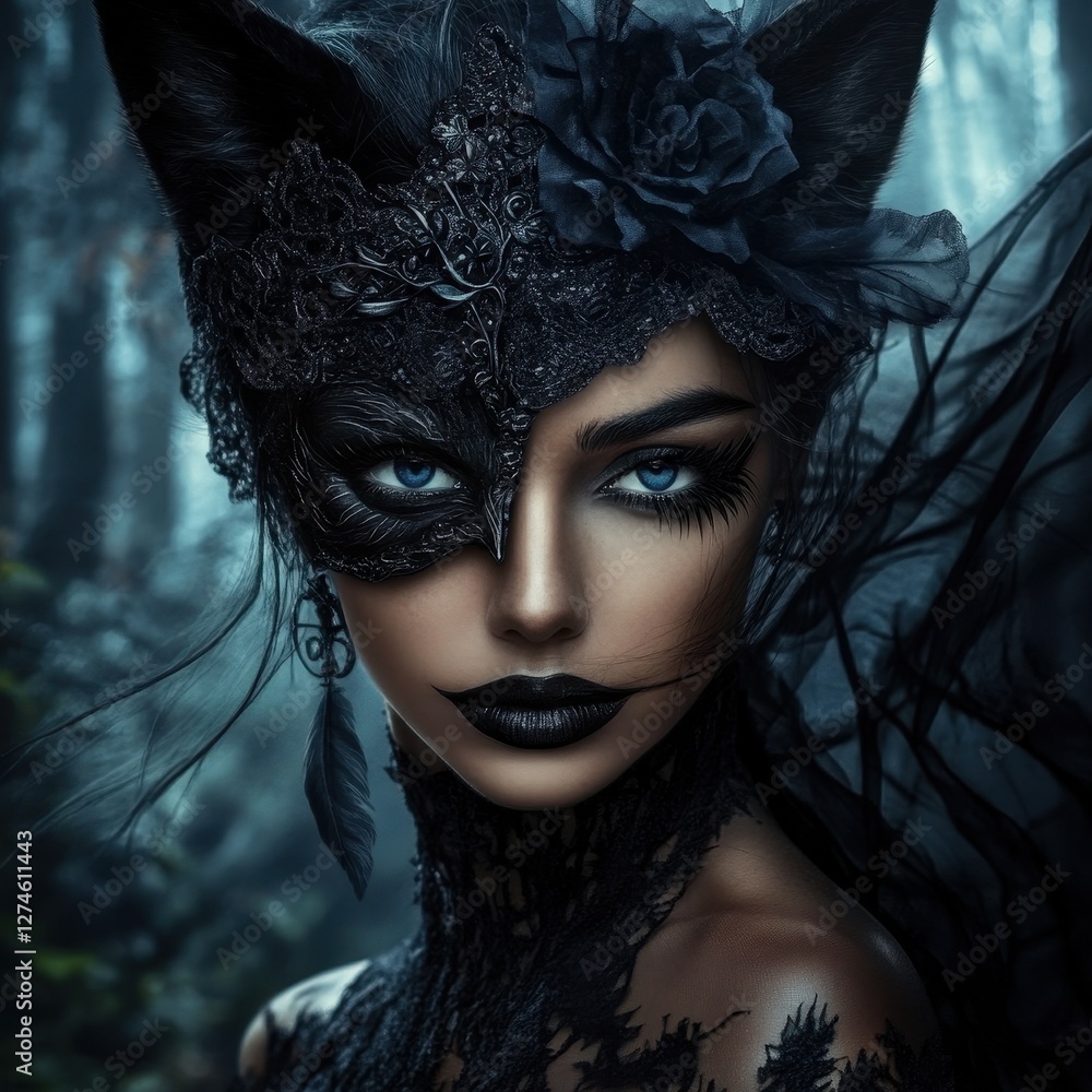 Enigmatic Devil Woman: A Fashionable Figure in a Mystical Forest with a Dark Carnival Mask Enigmatic Devil Woman: A Fashionable Figure in a Mystical Forest with a Dark Carnival Mask