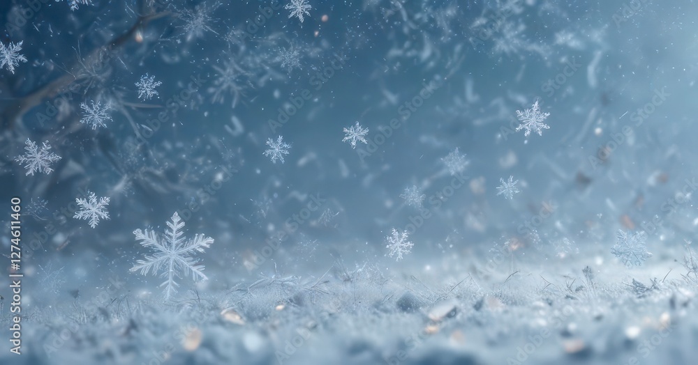 Obraz premium Softly glowing snowflakes fall in a misty abstract winter sky with pastel shades of blue and white , soft focus, frost