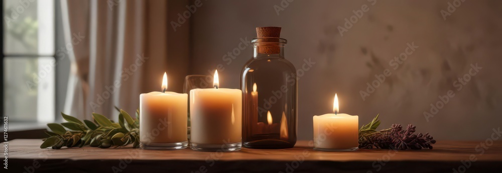 Soothing ambiance with candles and essential oils, serene, peaceful Soothing ambiance with candles and essential oils, serene, peaceful
