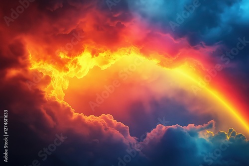 Vivid rainbow emerging amidst dramatic and vibrant multicolored clouds